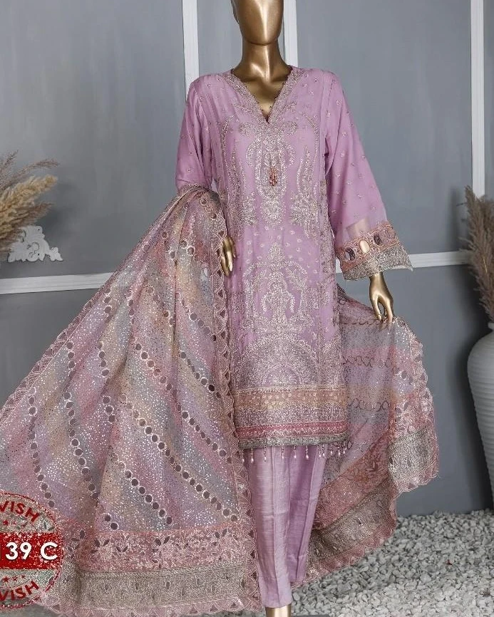 Pakistani Lavish Heavy Embroidered Unstitched Chiffon Three Piece - Purple