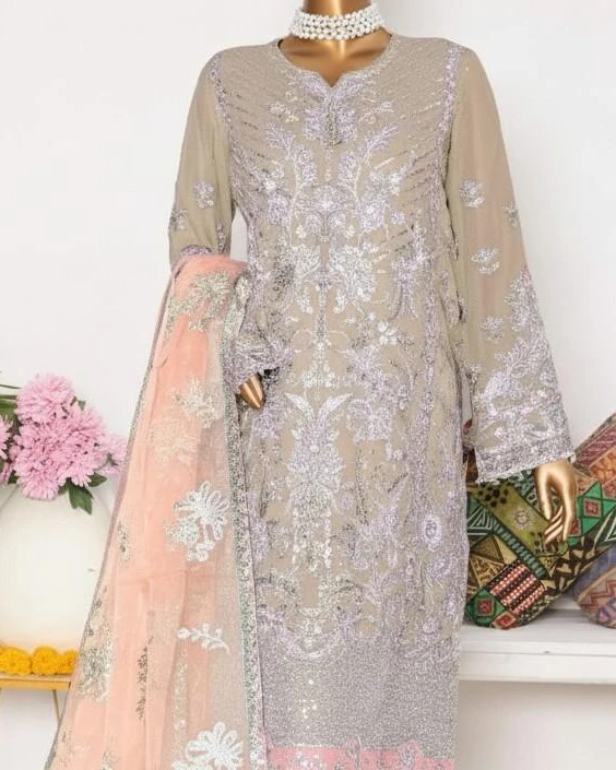 Pakistani Lavish Heavy Embroidered Unstitched Chiffon Three Piece - Fawn