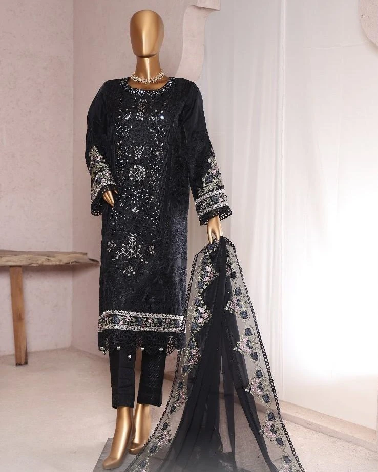 Pakistani Lavish Heavy Embroidered Unstitched Organza Three Piece - Dark