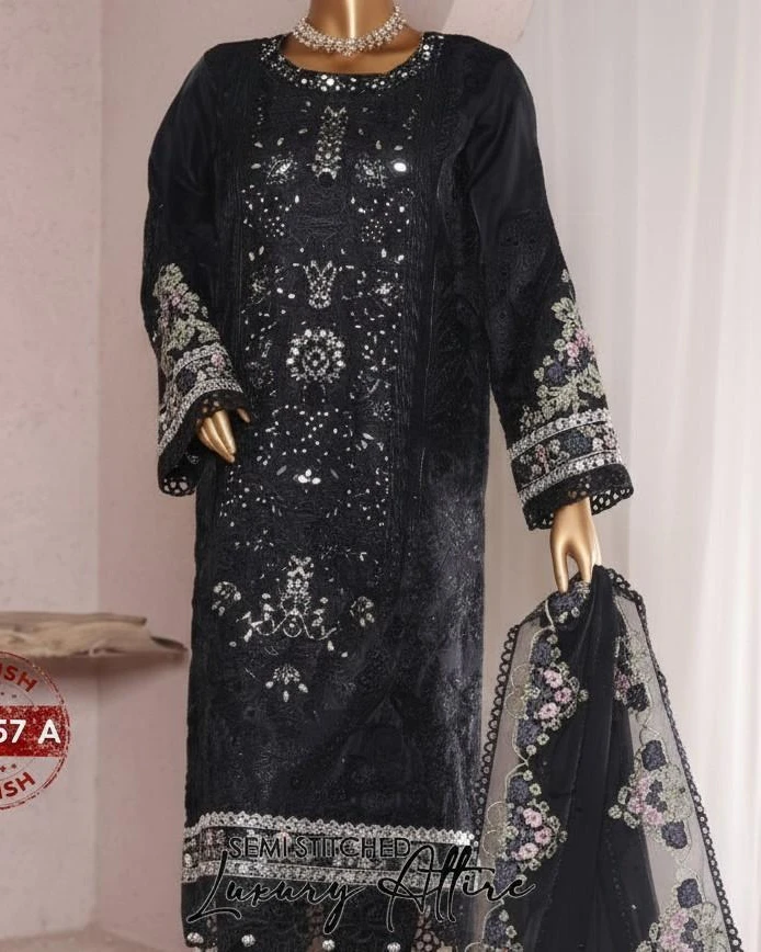 Pakistani Lavish Heavy Embroidered Unstitched Organza Three Piece - Dark