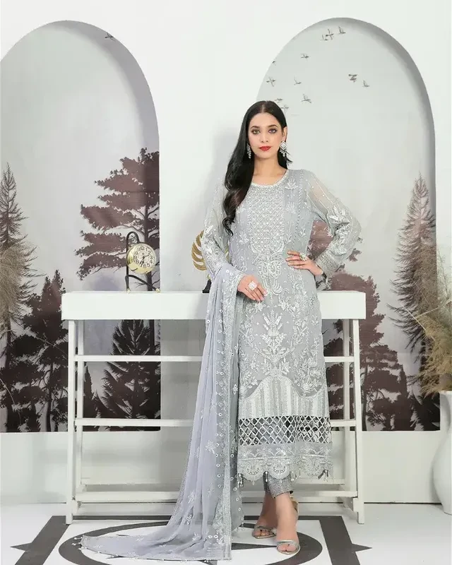 Pakistani Tawakkal Neeshama Unstitched Luxury Chiffon Three Piece - Silver Sand
