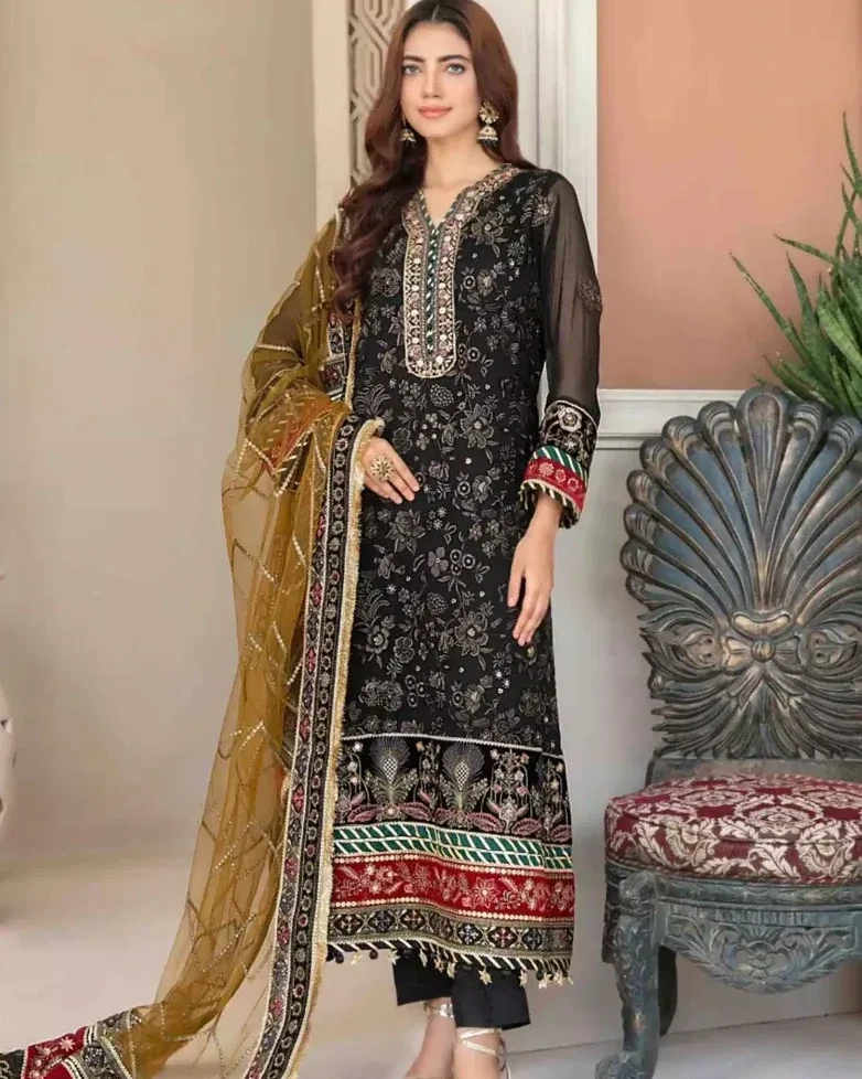 Pakistani Tawakkal Fenella Unstitched Luxury Chiffon Three Piece - Black Olive