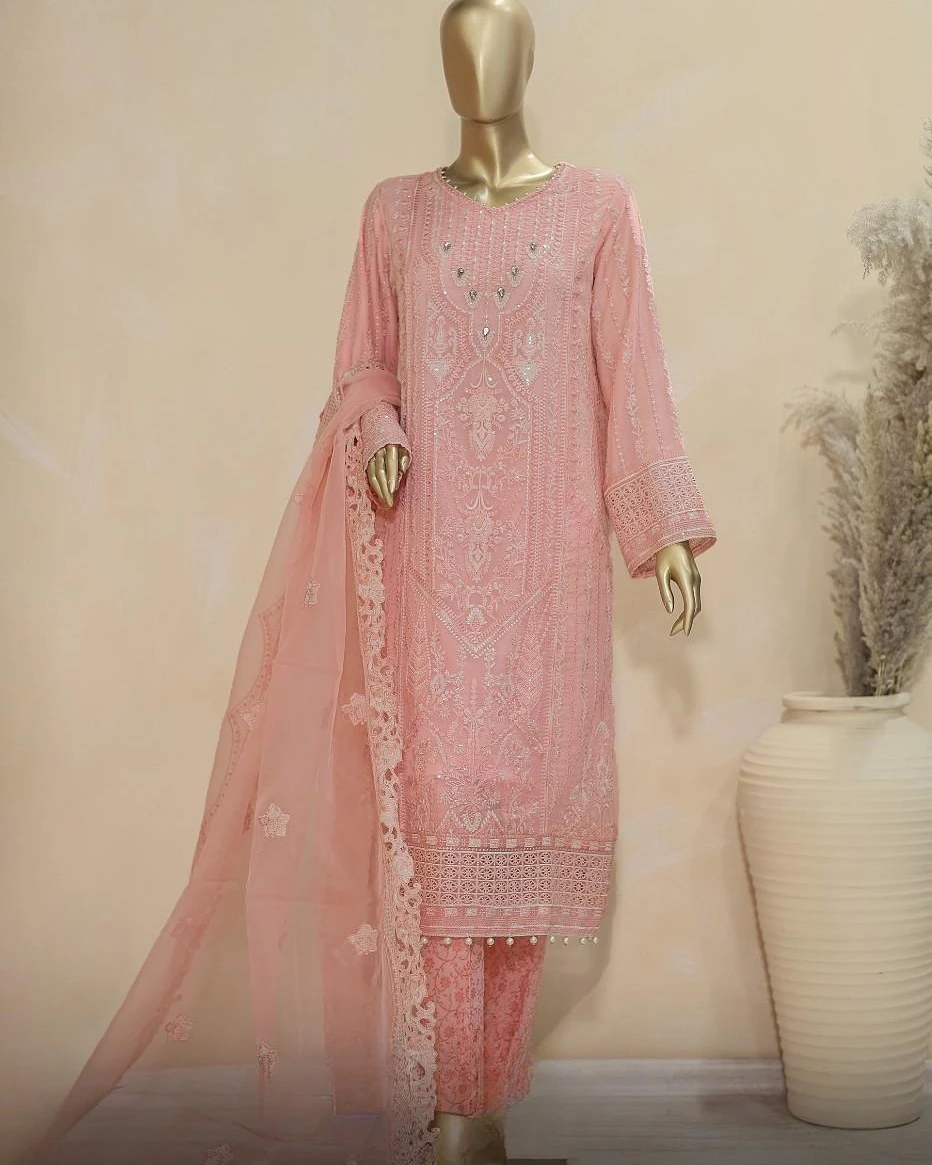 Pakistani Lavish Karchupi Worked Unstitched Organza Three Piece - Brandy Rose