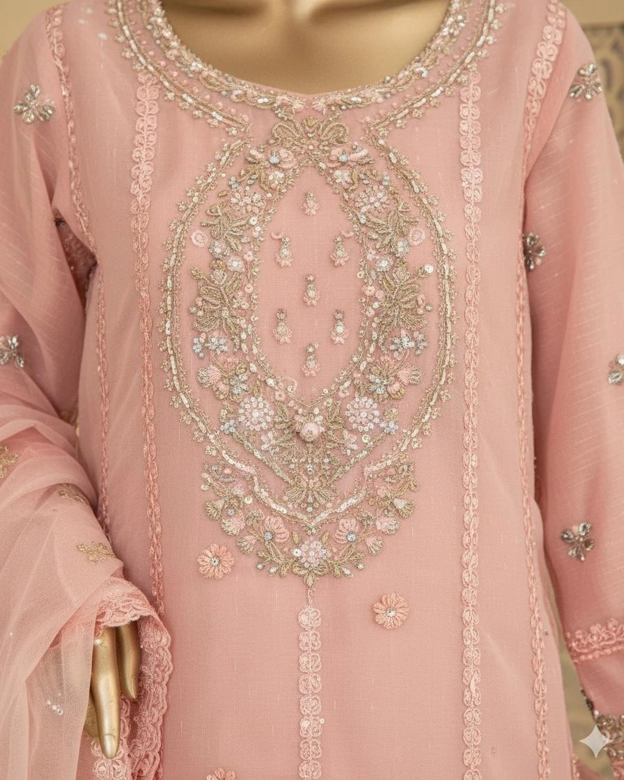 Pakistani Ankahi Karchupi Worked Unstitched Three Piece - Pink