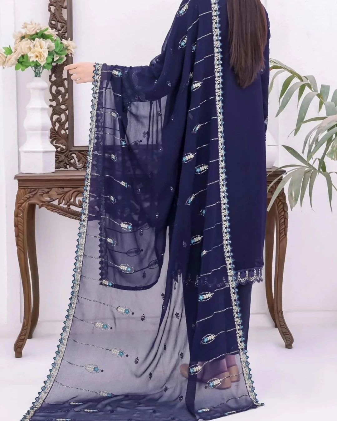 Pakistani Bin Hameed Horain Embroidered Unstitched Chiffon Three Piece - Blue Zodiac