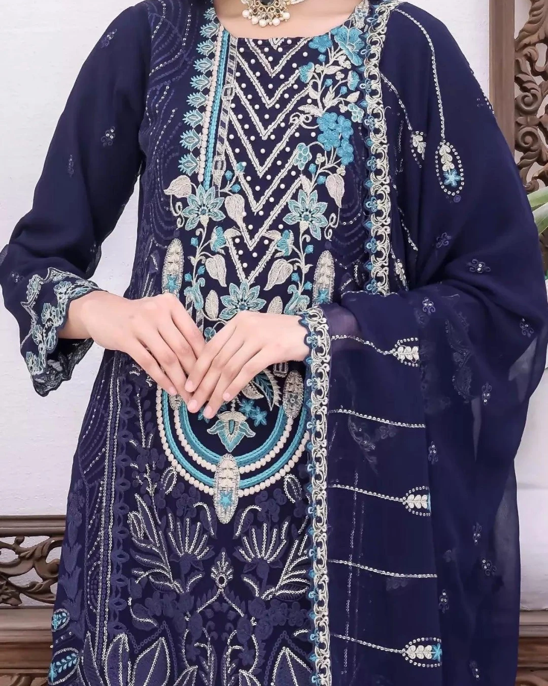 Pakistani Bin Hameed Horain Embroidered Unstitched Chiffon Three Piece - Blue Zodiac