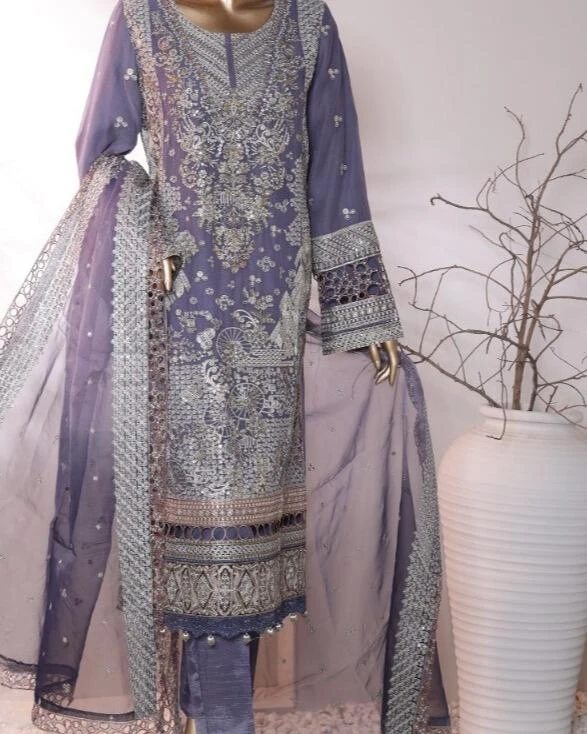 Pakistani Lavish Heavy Embroidered Unstitched Organza Three Piece - Dusk