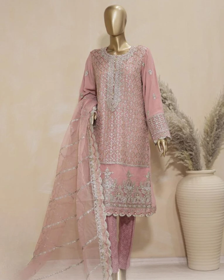 Pakistani Lavish Heavy Embroidered Unstitched Organza Three Piece - Brandy Rose