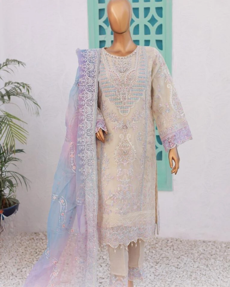 Pakistani Lavish Heavy Embroidered Unstitched Organza Three Piece - Vanilla