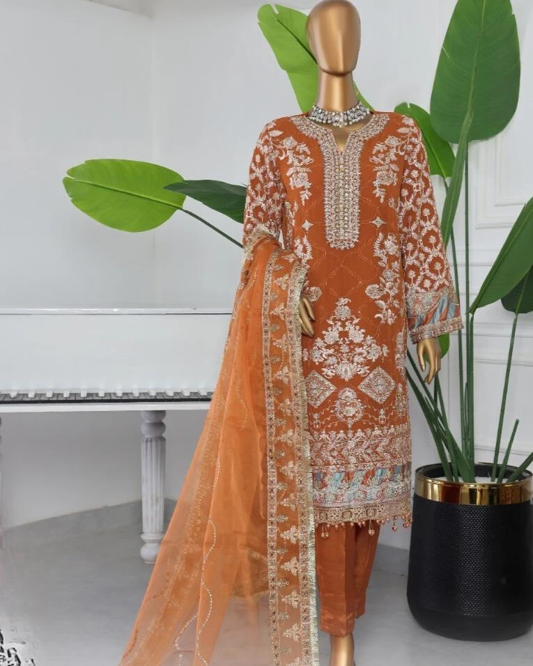 Pakistani Lavish Heavy Embroidered Unstitched Organza Three Piece - Sienna