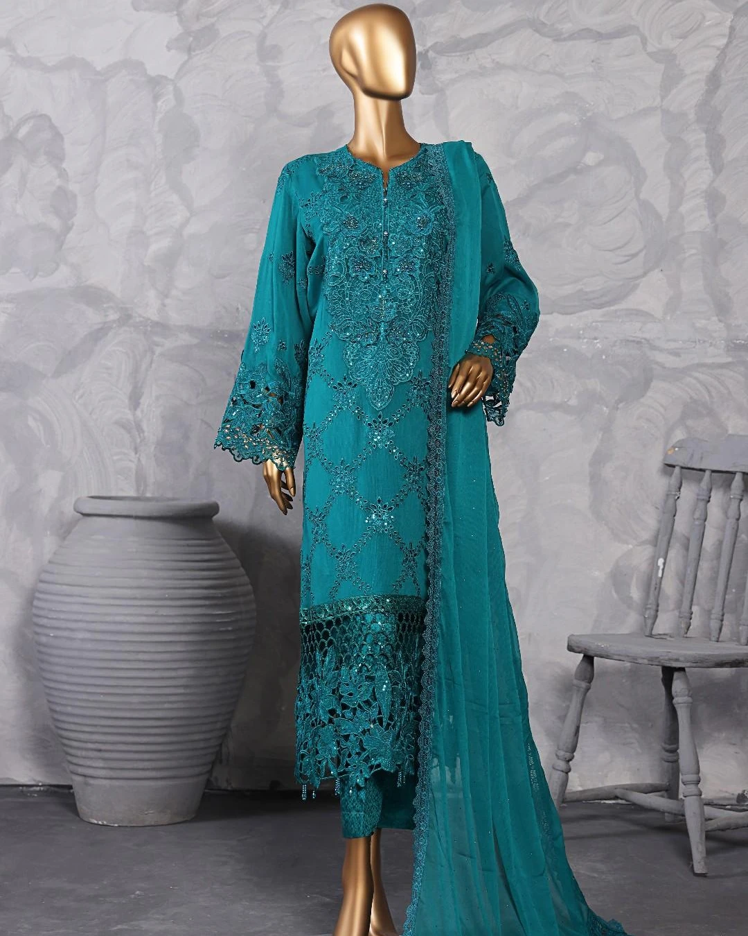 Pakistani Lavish Heavy Embroidered Unstitched Organza Three Piece - Teal