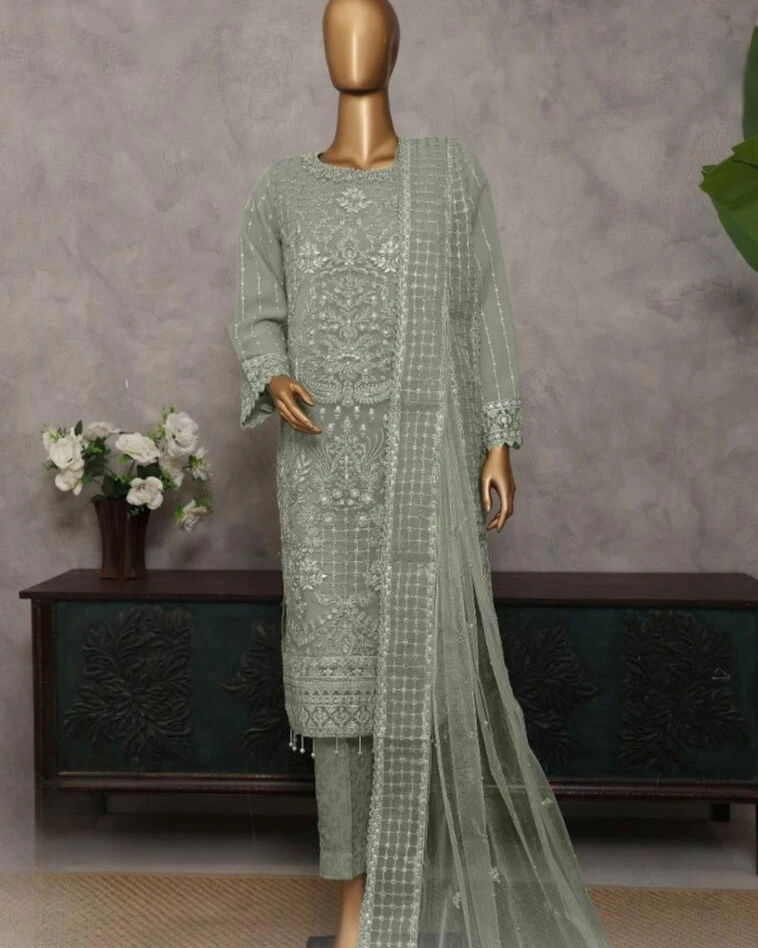 Pakistani Lavish Heavy Embroidered Unstitched Organza Three Piece - Mist