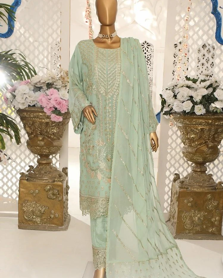 Pakistani Lavish Heavy Embroidered Unstitched Chiffon Three Piece - Greenish
