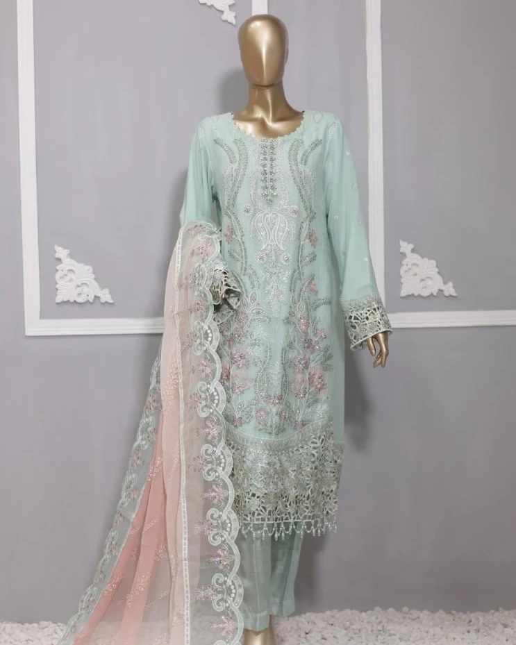 Pakistani Lavish Heavy Embroidered Unstitched Chiffon Three Piece - Surf
