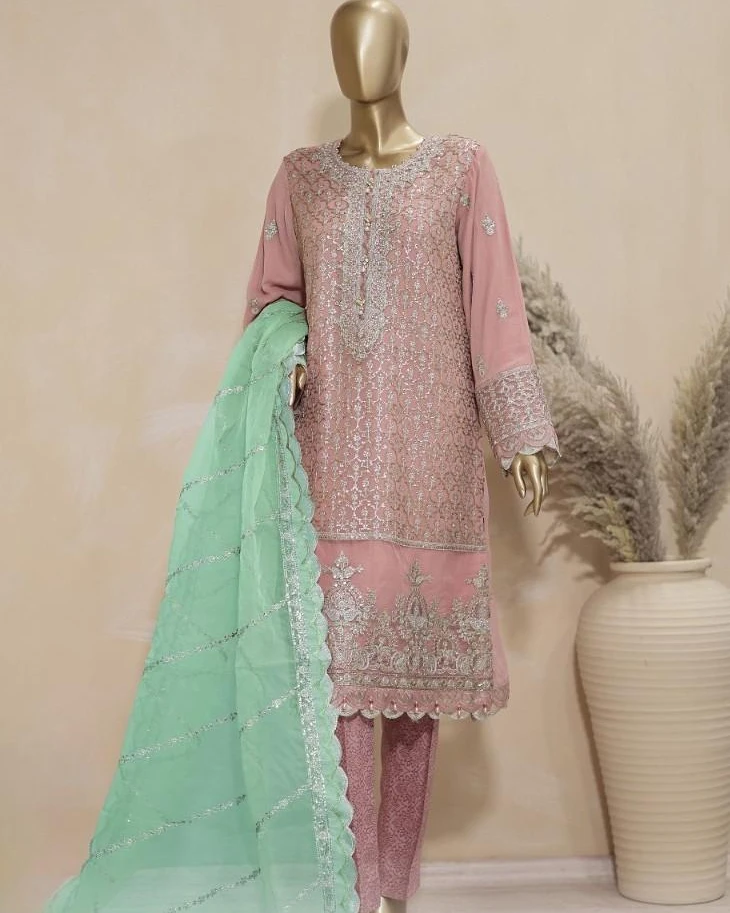 Pakistani Lavish Heavy Embroidered Unstitched Chiffon Three Piece - Oriental Pink