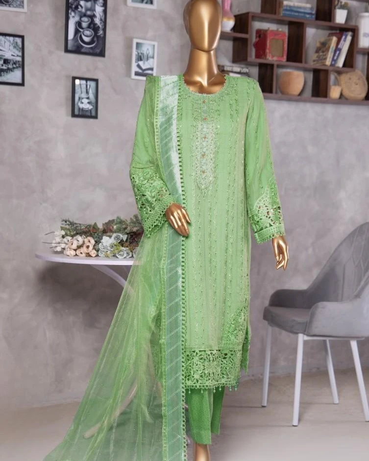 Pakistani Lavish Heavy Embroidered Unstitched Chiffon Three Piece - Tan Green