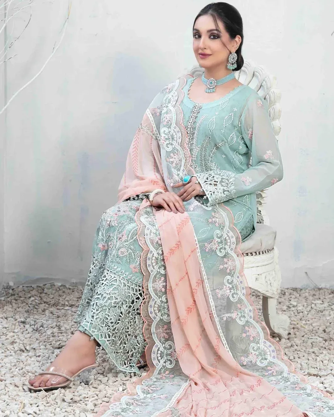 Pakistani Alsaba Unstitched Luxury Chiffon Three Piece - Coral Blue