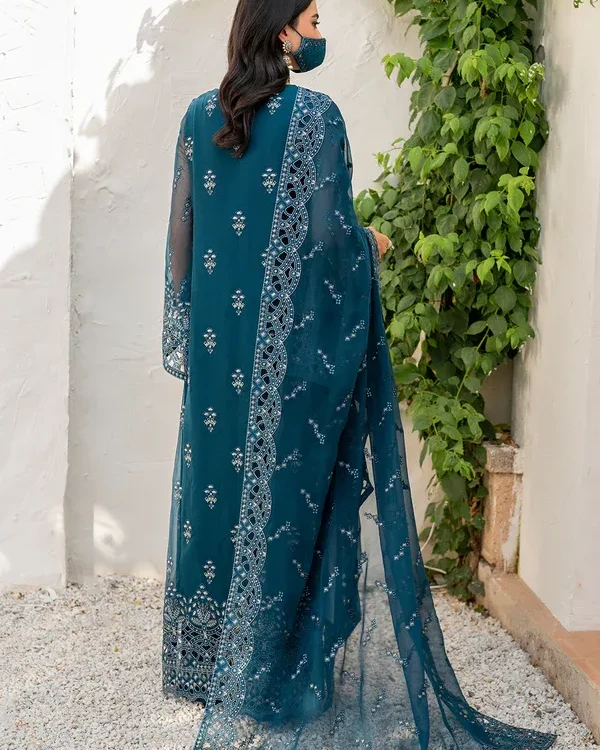 Pakistani Shareef Khanani Unstitched Luxury Chiffon Three Piece - Prussian Blue