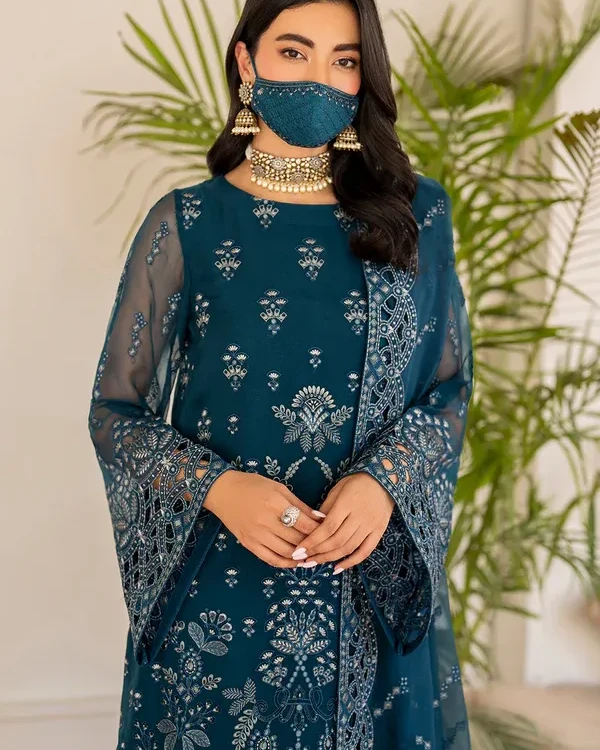 Pakistani Shareef Khanani Unstitched Luxury Chiffon Three Piece - Prussian Blue