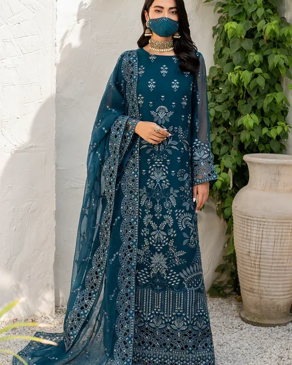 Pakistani Shareef Khanani Unstitched Luxury Chiffon Three Piece - Prussian Blue