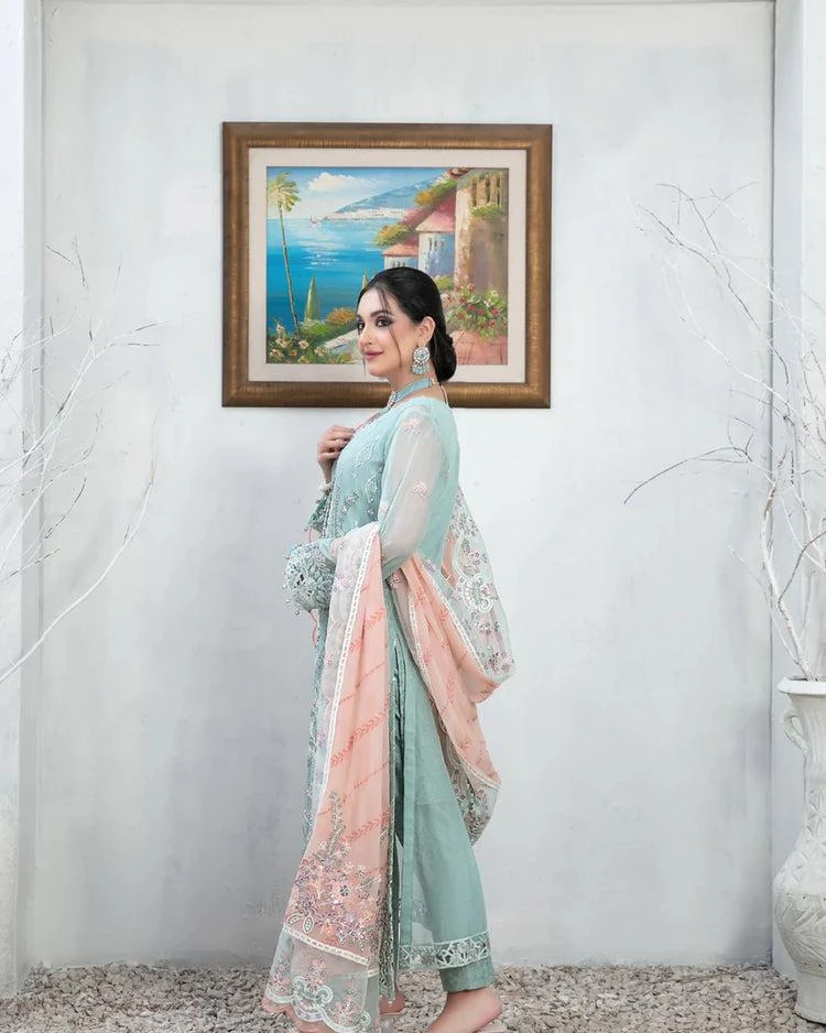 Pakistani Majesty Ramsha Embroidered Chiffon Unstitched Three Piece - Neptune