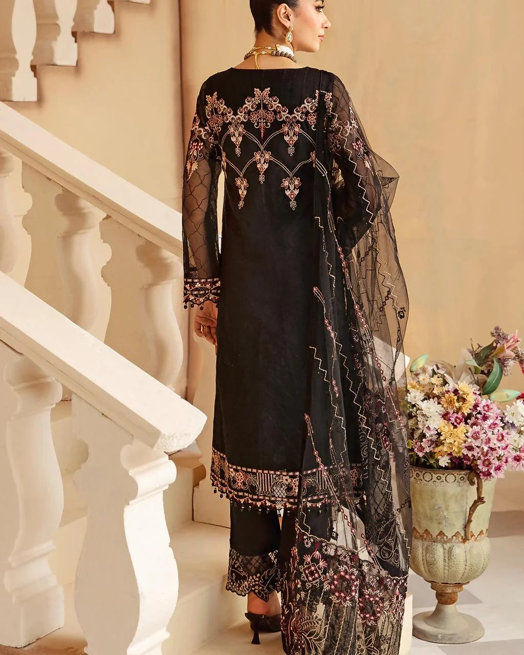 Pakistani Minhal by Ramsha Embroidered Organza Unstitched Three Piece - Dark