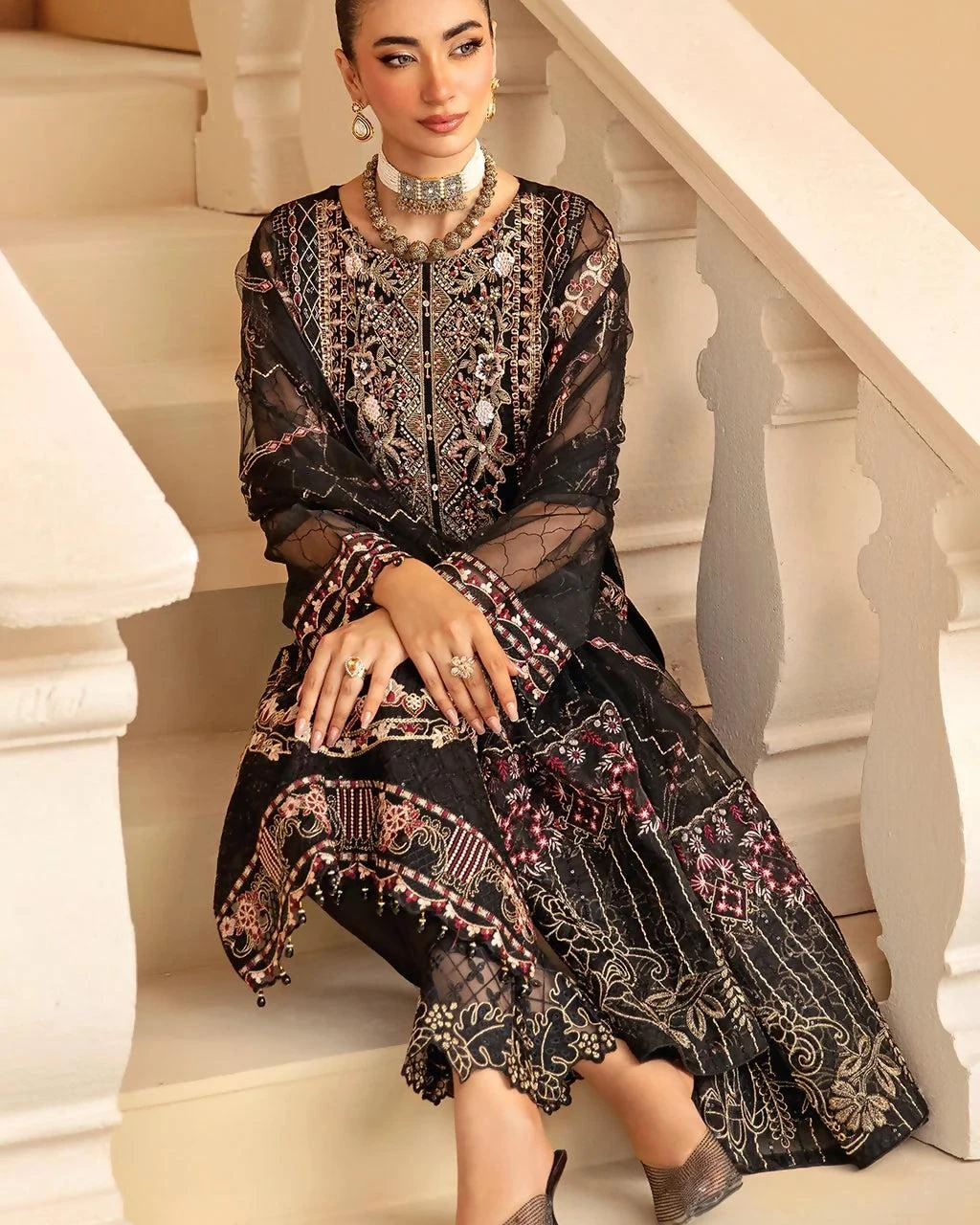 Pakistani Minhal by Ramsha Embroidered Organza Unstitched Three Piece - Dark