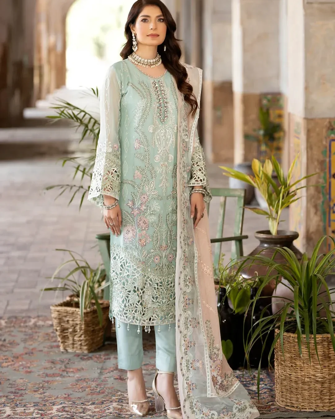 Pakistani Noor Embroidered Unstitched Chiffon Three Piece - Opal