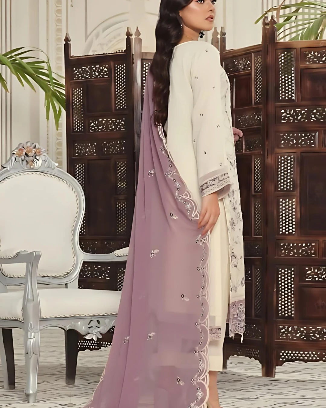 Pakistani Bin Hameed Middhat Embroidered Unstitched Chiffon Three Piece - Spanish White