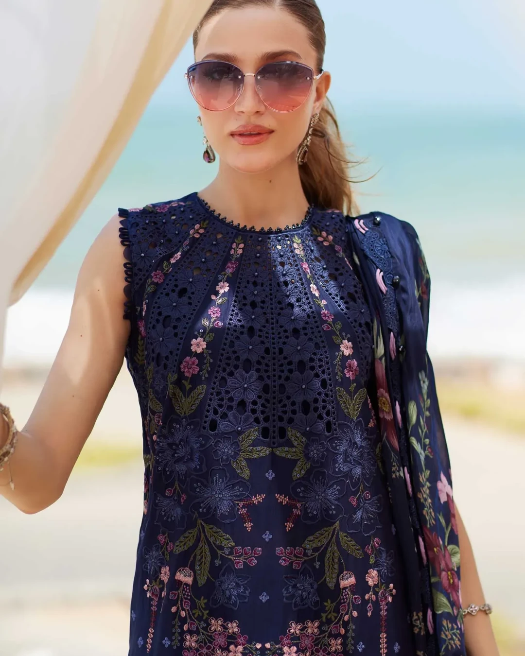 Pakistani Shareef Khanani Embroidered Unstitched Lawn Three Piece - Nile Blue