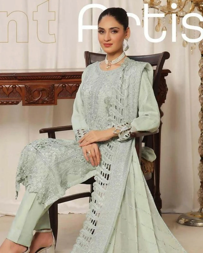 Pakistani Bin Hameed Tania Luxury Embroidered Unstitched Chiffon Three Piece - Coriander