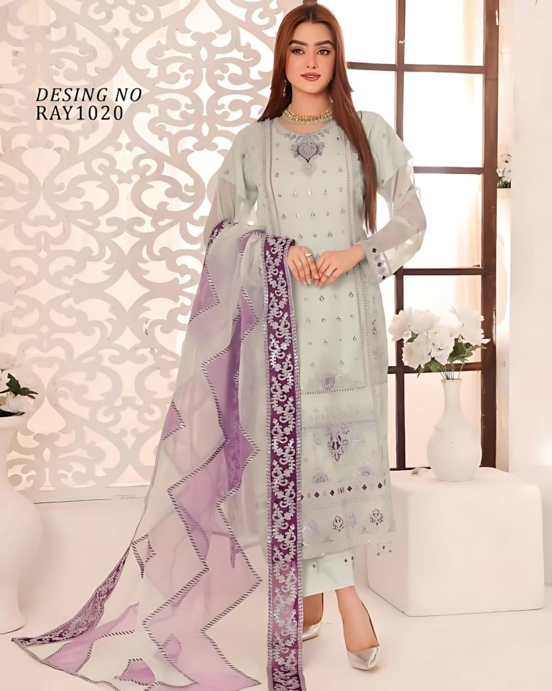 Pakistani Bin Hameed Middhat Embroidered Unstitched Chiffon Three Piece - Pale Leaf