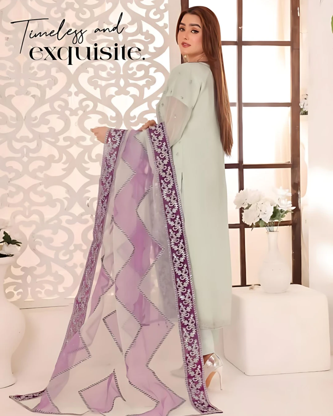 Pakistani Bin Hameed Middhat Embroidered Unstitched Chiffon Three Piece - Pale Leaf
