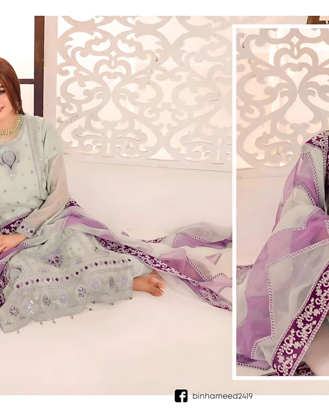 Pakistani Bin Hameed Middhat Embroidered Unstitched Chiffon Three Piece - Pale Leaf