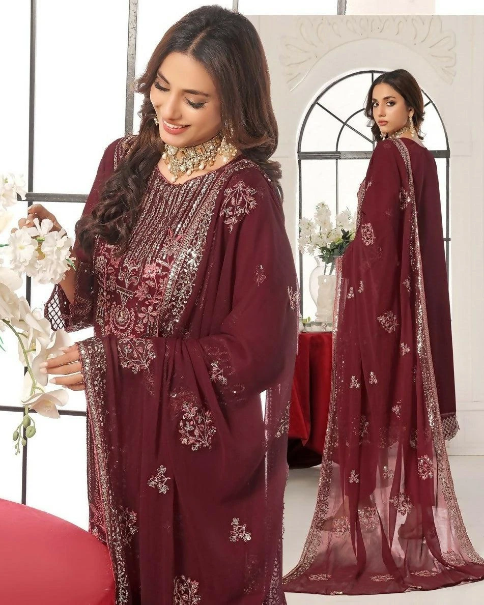 Pakistani Bin Hameed Horain Luxury Embroidered Unstitched Chiffon Three Piece - Merlot