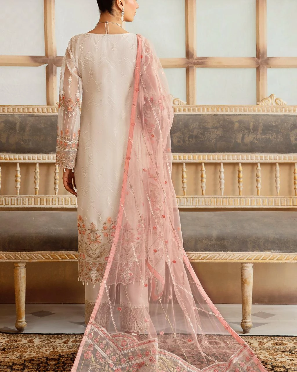 Pakistani Minhal by Ramsha Embroidered Unstitched Organza Three Piece - Off White
