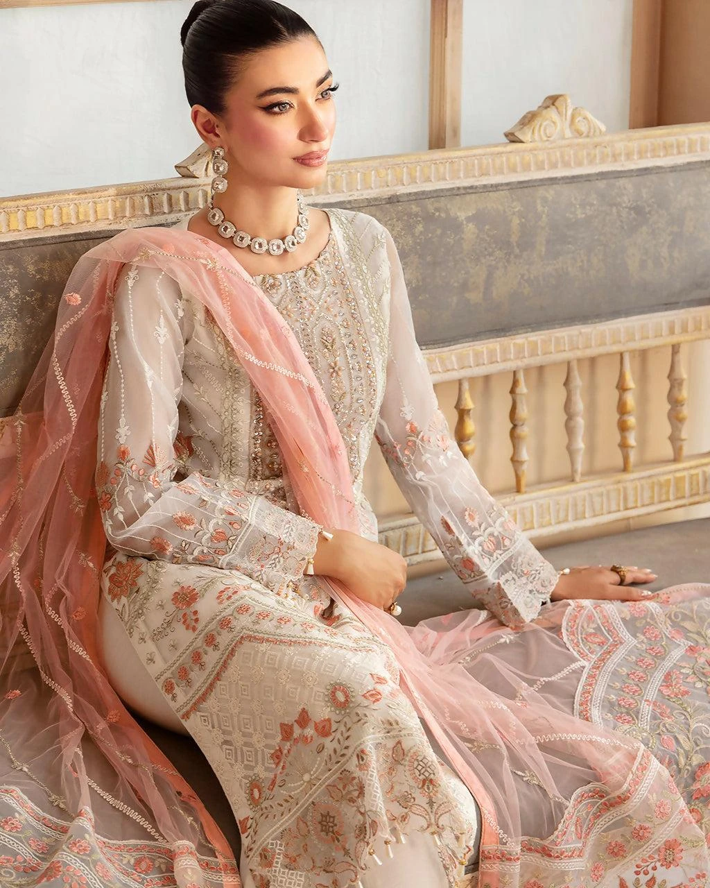 Pakistani Minhal by Ramsha Embroidered Unstitched Organza Three Piece - Off White