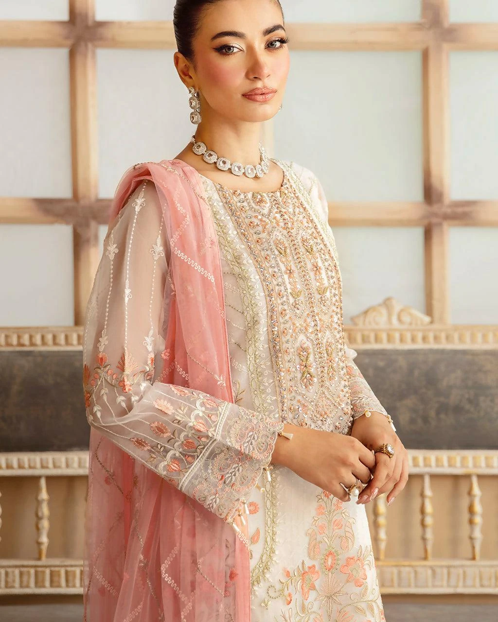 Pakistani Minhal by Ramsha Embroidered Unstitched Organza Three Piece - Off White