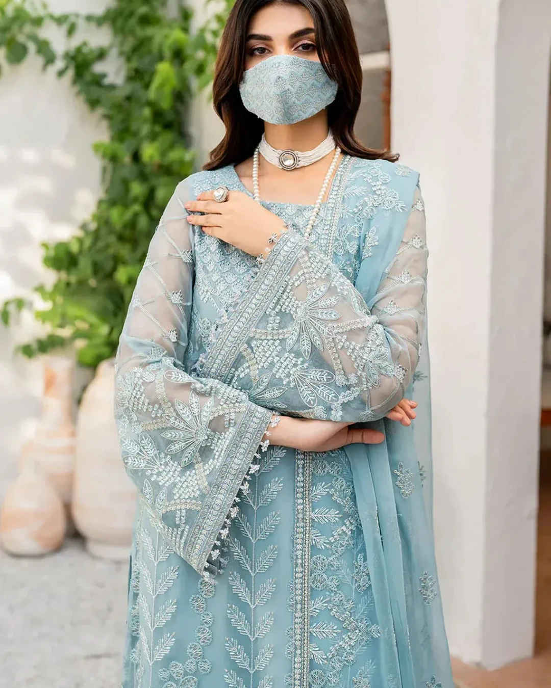 Pakistani Shareef Khanani Unstitched Luxury Chiffon Three Piece - Glacier