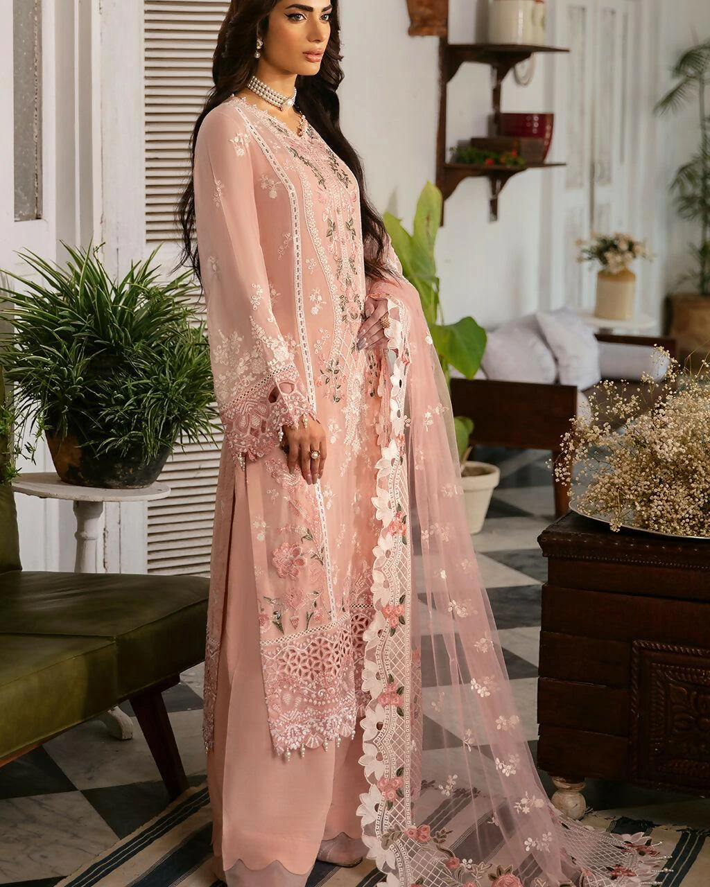 Pakistani Dastak by Ramsha Embroidered Chiffon Unstitched Three Piece - Tacao