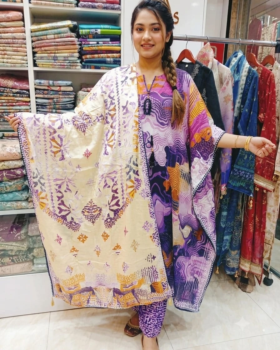 Rumana Charcoal & Red Paisley Cotton Kaftan Set