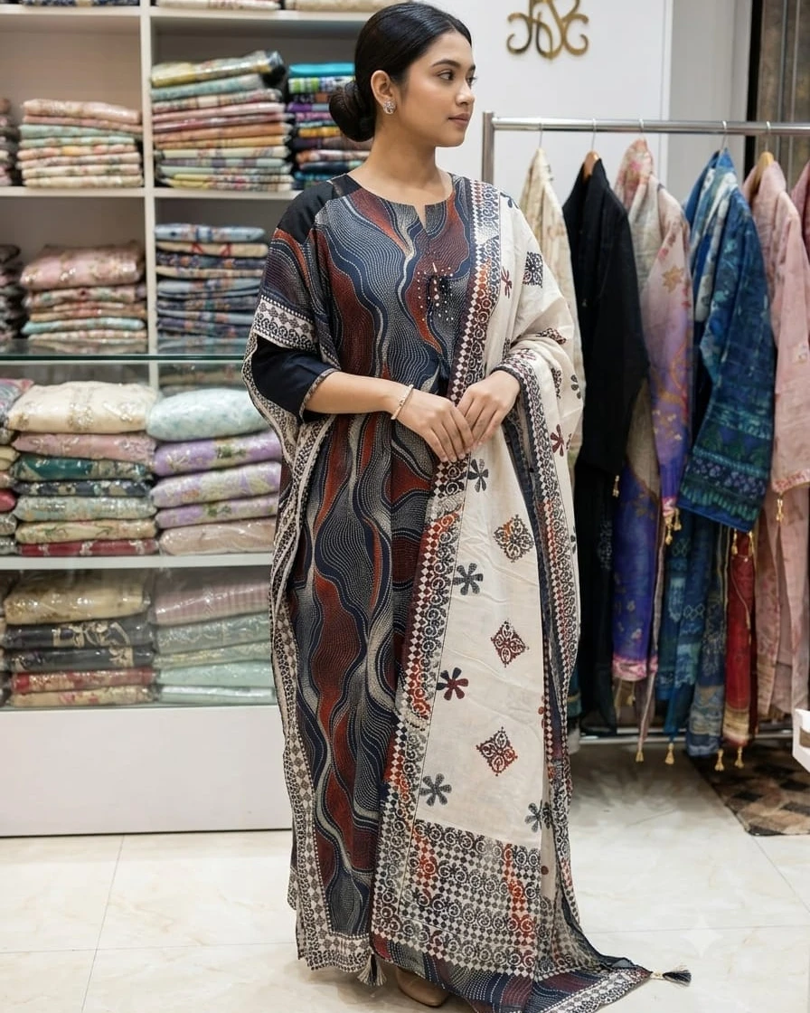 Saniya Abstract Charcoal & Indigo Cotton Kaftan Set