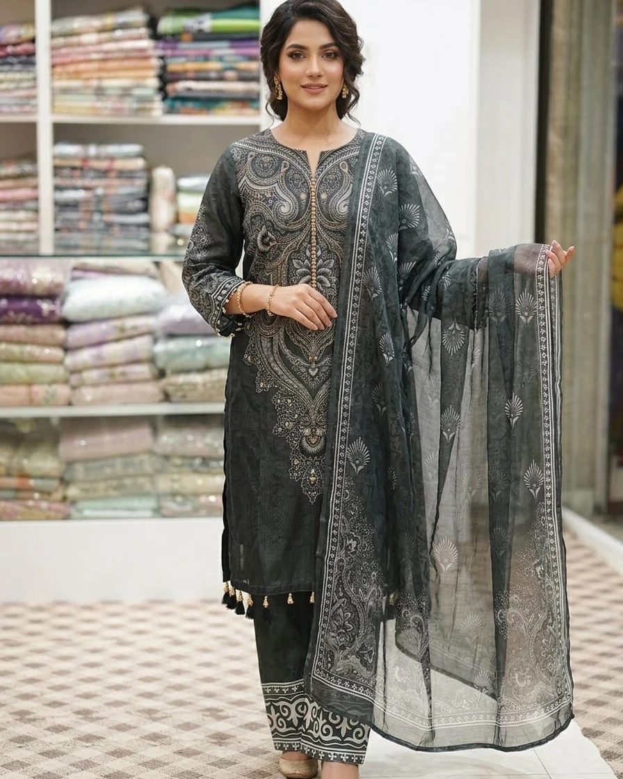 Inaya Charcoal Grey Karchupi Organza 3-Piece Dress
