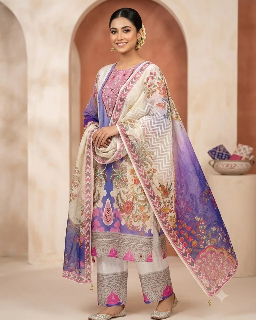 Mehrunisa Lavender & Ivory Karchupi Organza 3-Piece Dress