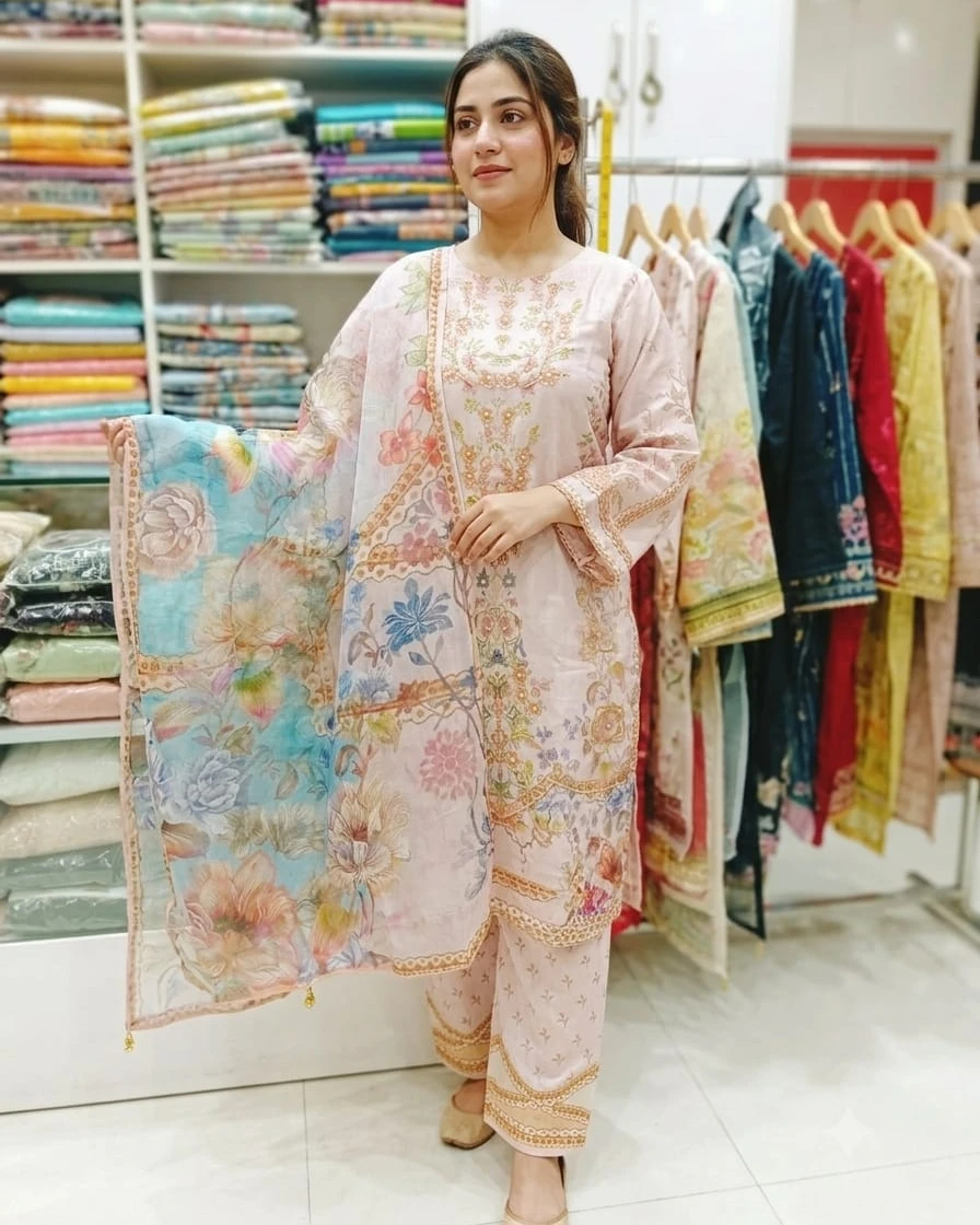 Fiza Pastel Pink Floral Karchupi Organza 3-Piece Dress