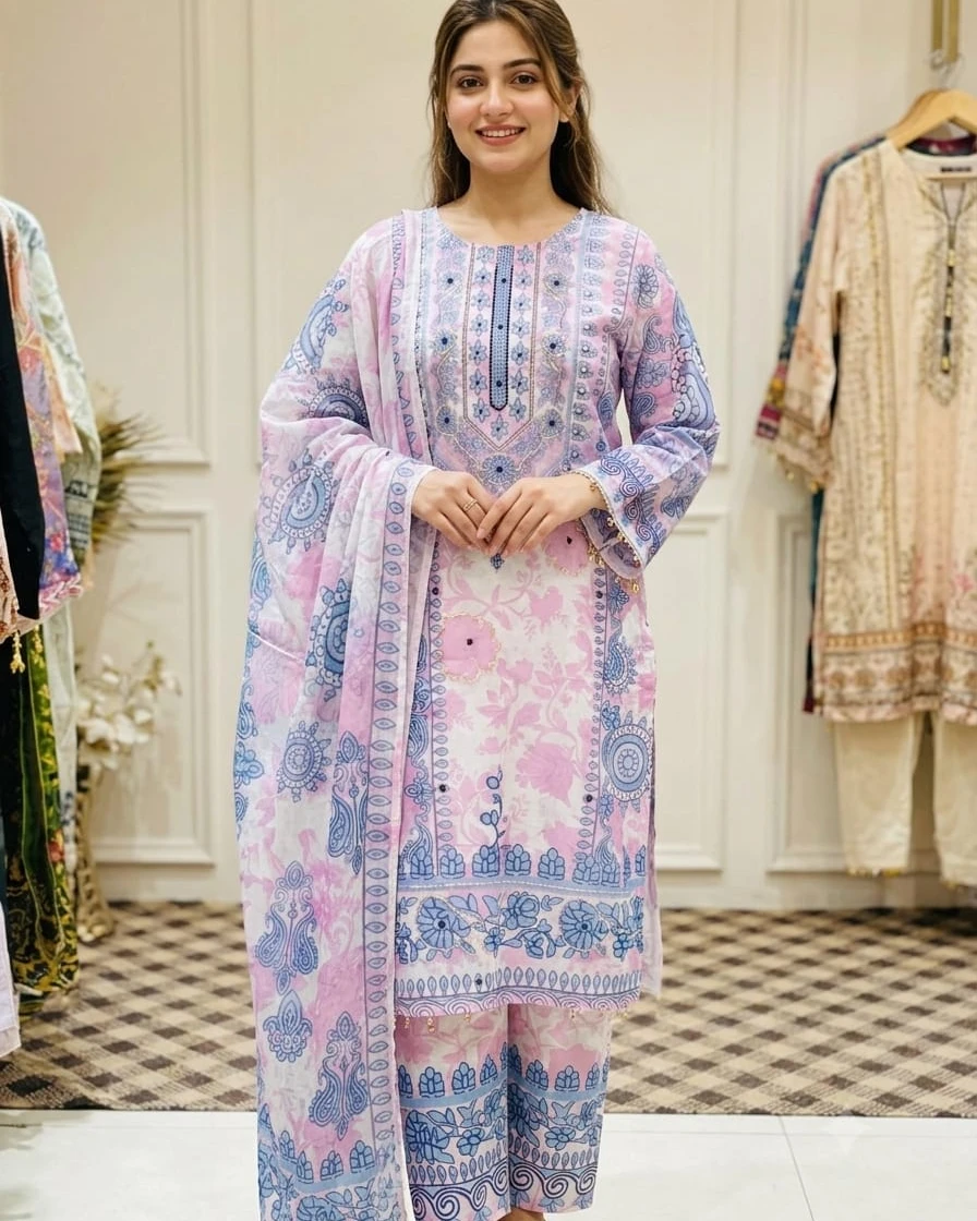 Ayla Lavender & Indigo Karchupi Organza 3-Piece Dress