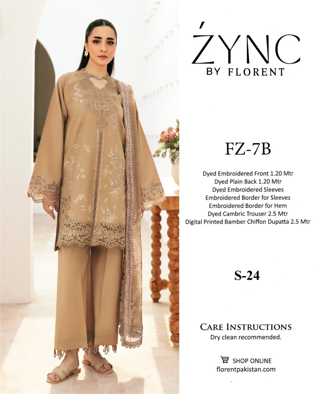 Zync Beige Embroidered Lawn 3-Piece Dress (FZ-7B)