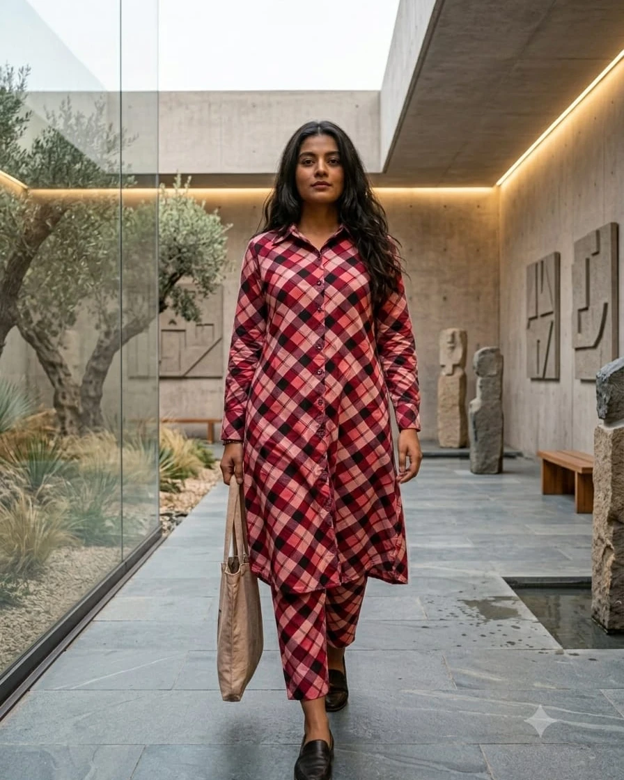 Inara Magenta Plaid Premium Soft Silk 2-Piece Co-Ord Set