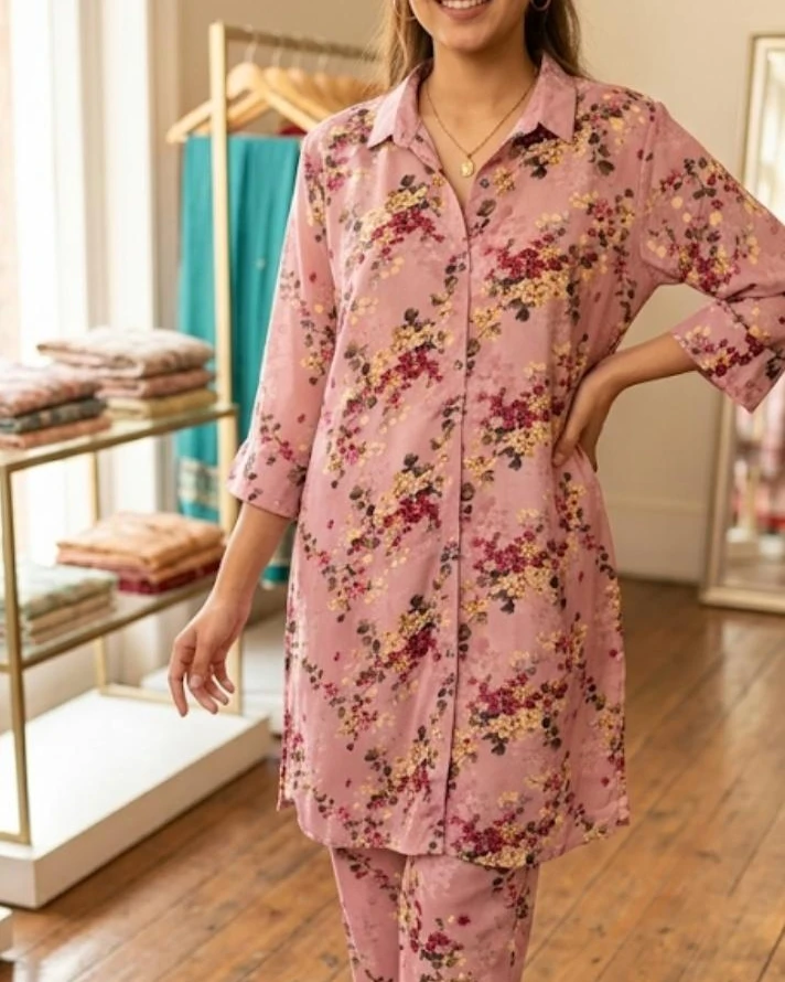 Anaya Blossom Dusty Pink Silk 2-Piece Button-Down Set