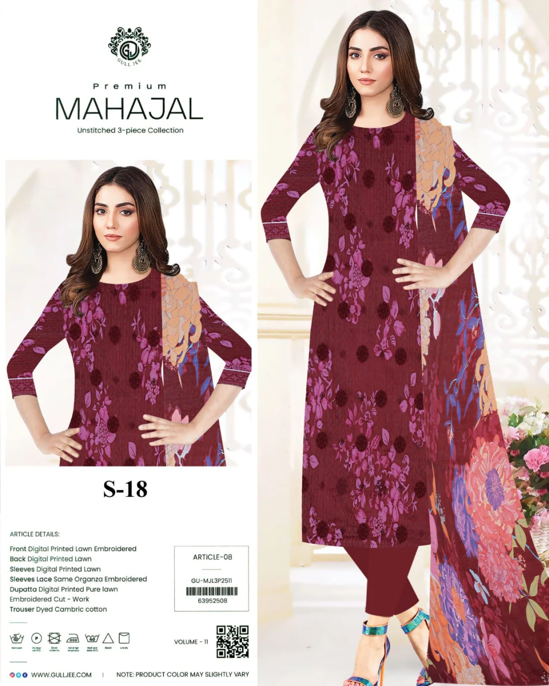 Gull Jee Mahajal Maroon Embroidered Cotton 3-Piece Suit